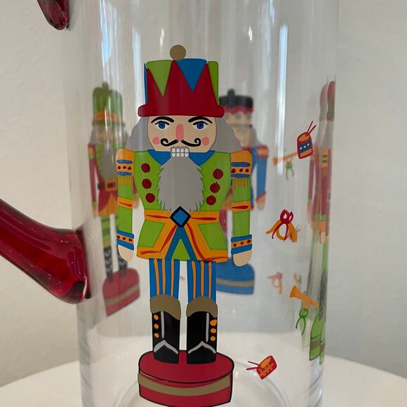 Hand Painted CHRISTMAS Nutcracker Glass Pitcher Chic Holiday Barware New - Picture 2 of 12